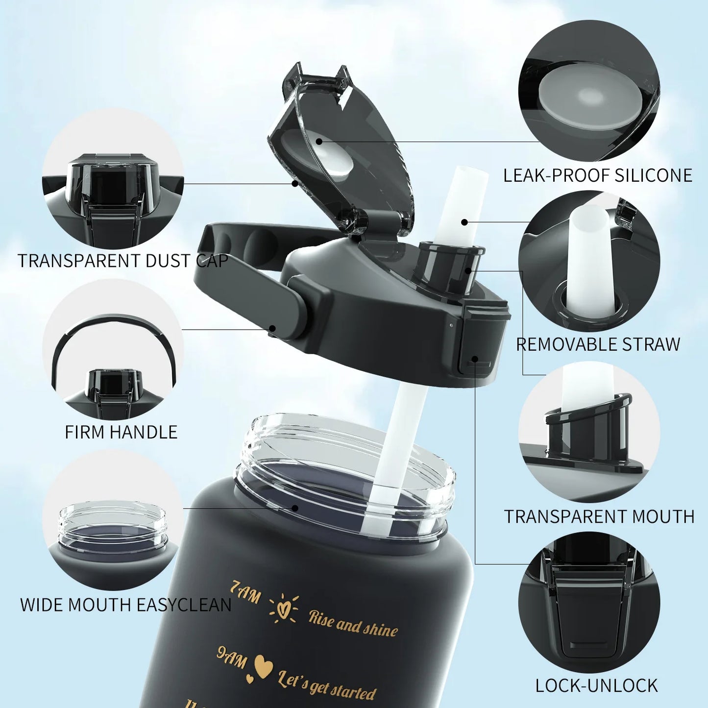 Large Capacity Sports Water Bottle With Straw Portable Handle